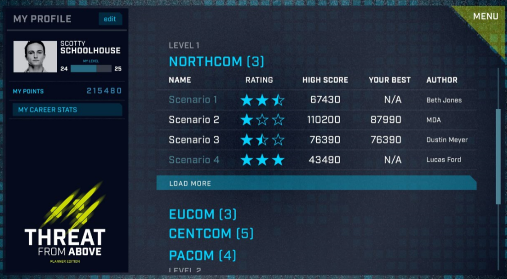 Screen shot from conceptual design of the SCORE game user interface
