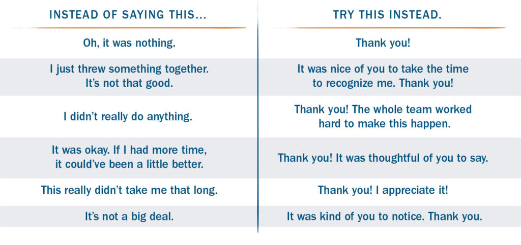 Instead of deflecting praise, say 