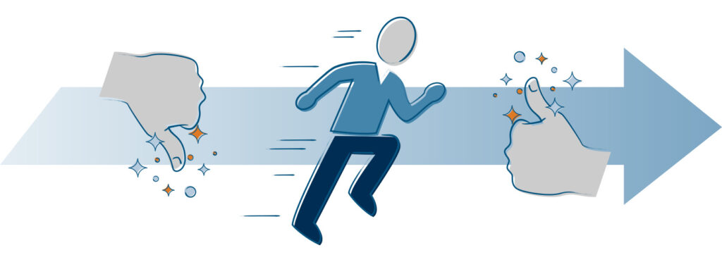 Someone that's part of a motivated workforce running away from a thumbs down, and towards a thumbs up Someone that's part of a motivated workforce running away from a thumbs down, and towards a thumbs up