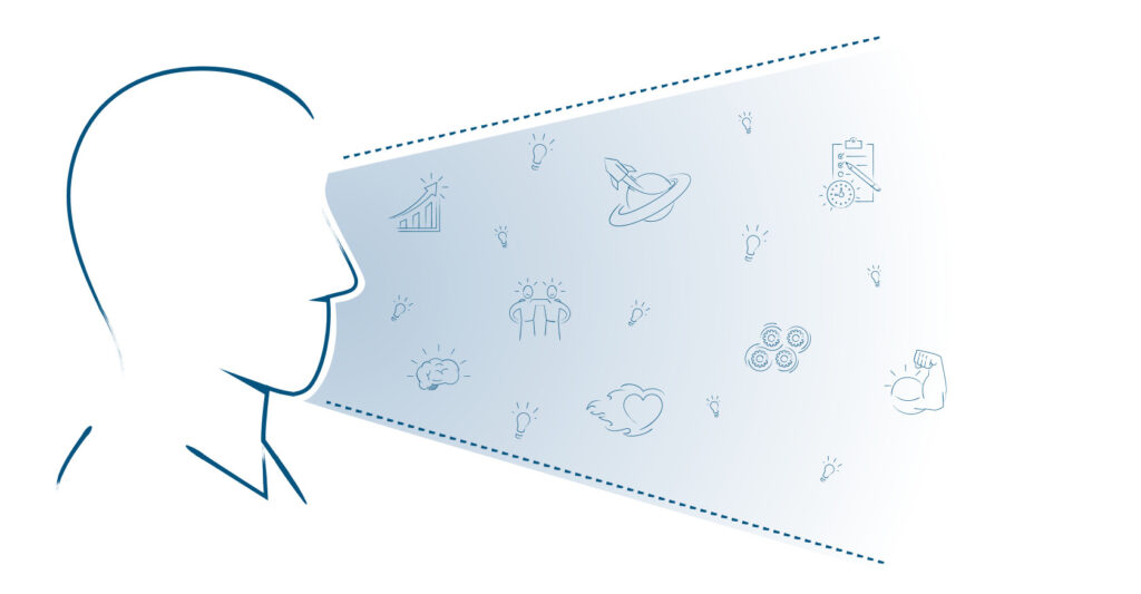A leader has vision over many different icons showing the awareness involved in conscious leadership. A leader has vision over many different icons showing the awareness involved in conscious leadership.