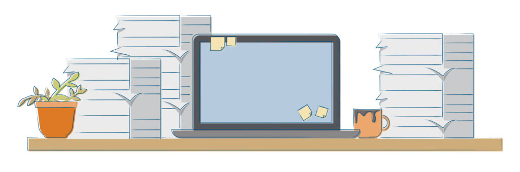 A desk that is stacked with papers and post-it notes because Jessie abused one of her strengths at work.