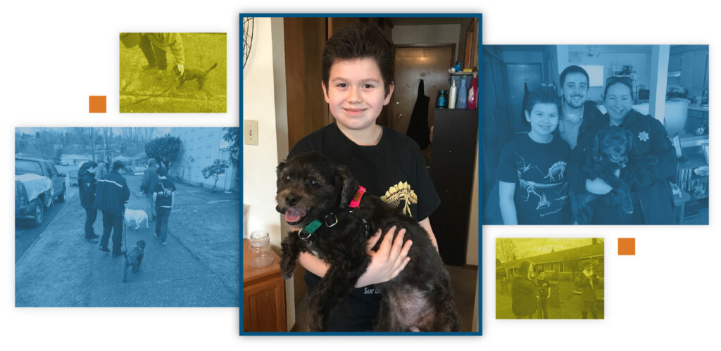 A photo collage of a boy and his pet dog