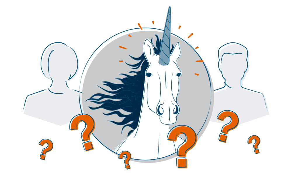 Unicorn with a person on each side of it and there are question marks across the bottom. This shows how people aren't real with employee value propositions.
