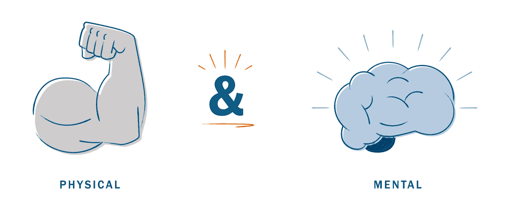 A muscular arm flexing and a brain that represent physical and mental health at work. A muscular arm flexing and a brain that represent physical and mental health at work.