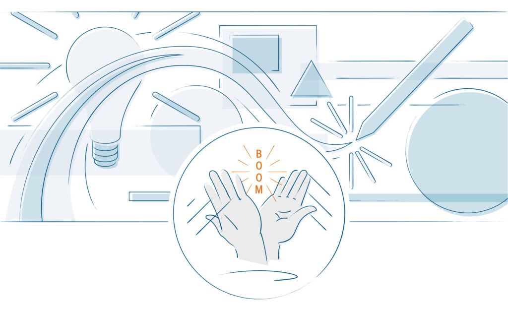  A high five, a pencil, and a light bulb showing the branding process of organizational learning and development.