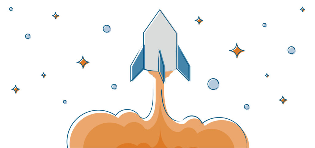A blue and orange colored illustration of a rocket blasting off that symbolizes preboarding for new hires A blue and orange colored illustration of a rocket blasting off that symbolizes preboarding for new hires