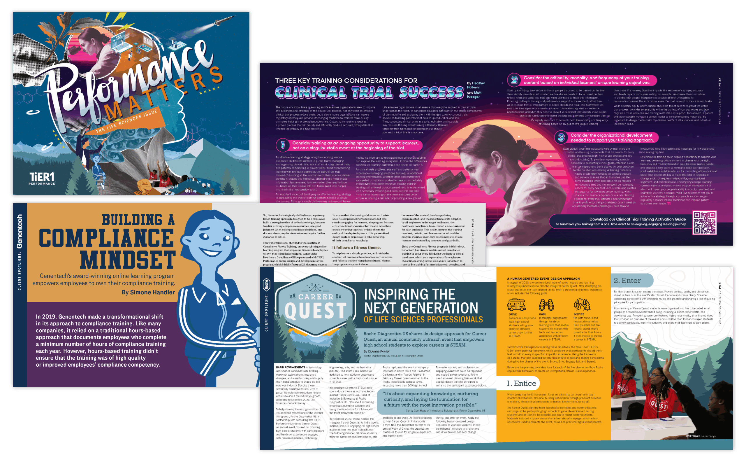Three article spread designs and the cover of Performance Matters: The Life Sciences magazine.